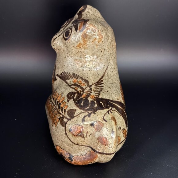 Unsigned Tonala Style Mexican Folk Art Pottery Bird Nature Design 5 inch Tan Cat - Picture 3 of 7